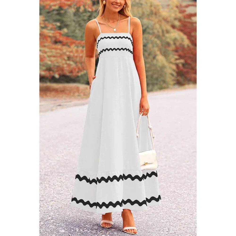 Women's White Casual Sleeveless Spaghetti Strap Ruffle Beach Maxi Dress